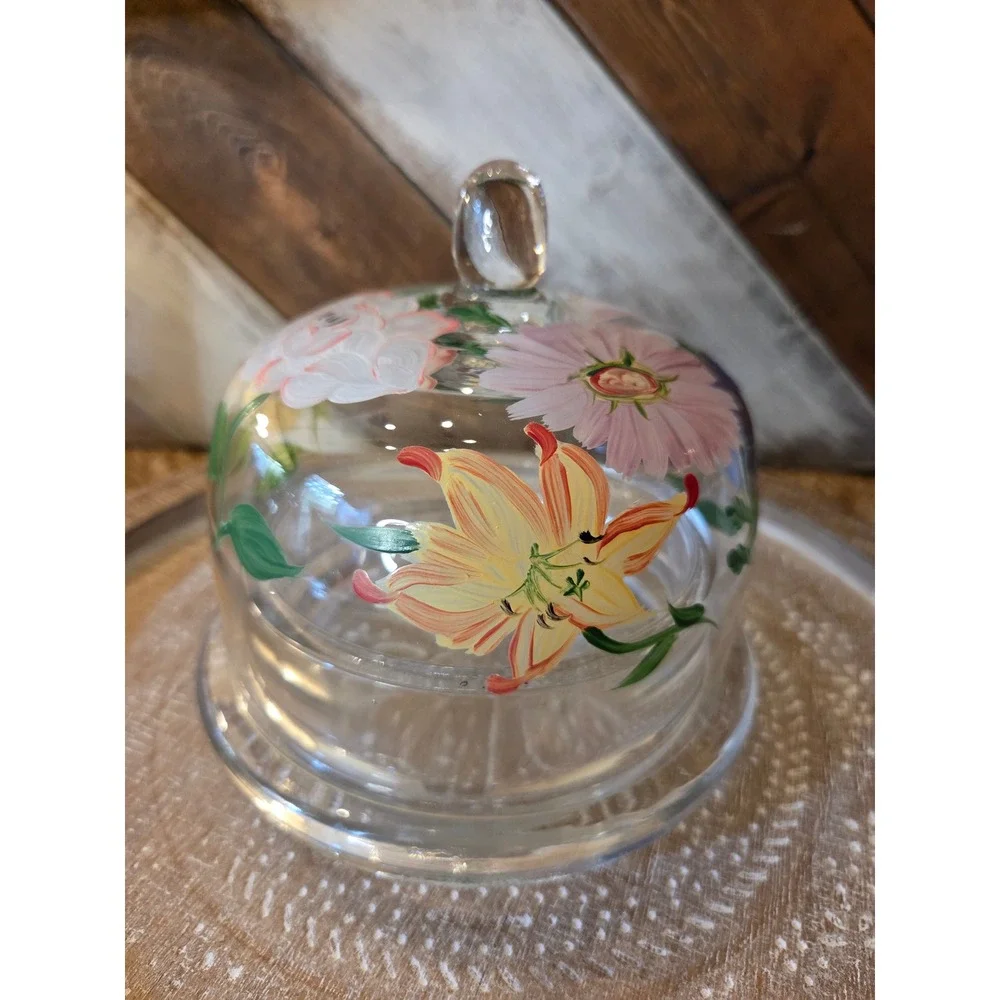 Hand Painted Floral Glass Butter Dish Domed Cloche Lid Clear 2 Piece Set Cottage